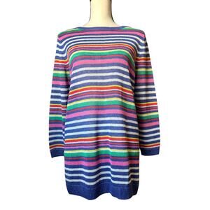 TALBOTS 100% Linen Sweater Medium Oversized Rainbow Striped Linen 3/4 Sleeve